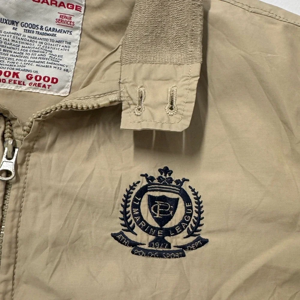 Polo Garage Bomber Jacket Mens M Tan Excellent Harrington Marine League Crest